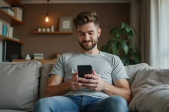 Homme naviguant discrètement sur son smartphone depuis son canapé à domicile