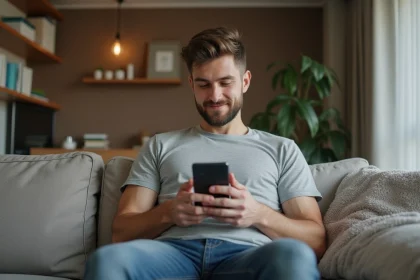 Homme naviguant discrètement sur son smartphone depuis son canapé à domicile