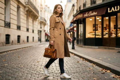 Femme portant un sac vintage en cuir des années 70 avec un manteau camel dans une rue parisienne pavée, look urbain moderne aux accents rétro