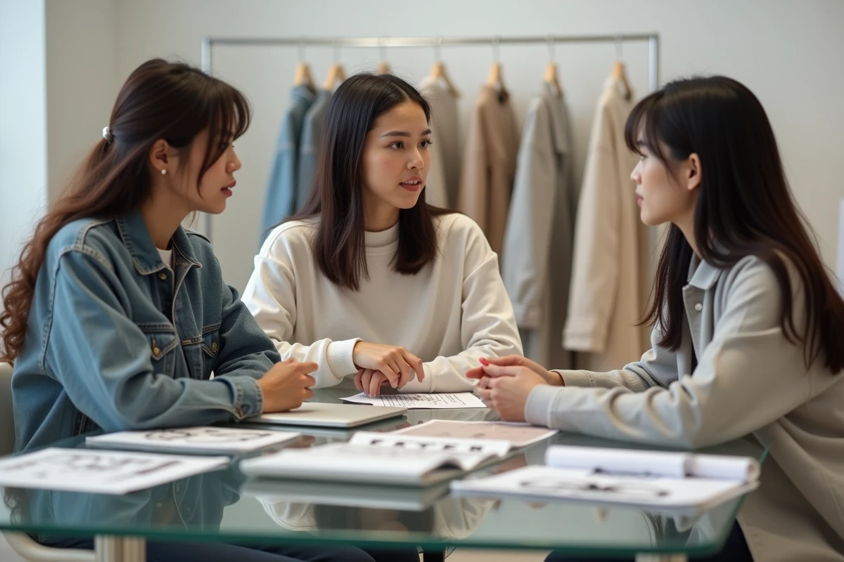 Équipe d'acheteurs mode en réunion dans un showroom moderne, symbolisant le rayonnement international d'un pays leader de la mode