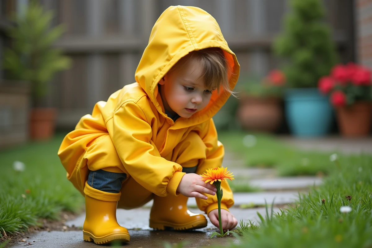 Petit enfant de 3 ans en ciré jaune qui explore les fleurs du jardin pendant les vacances, activité de plein air