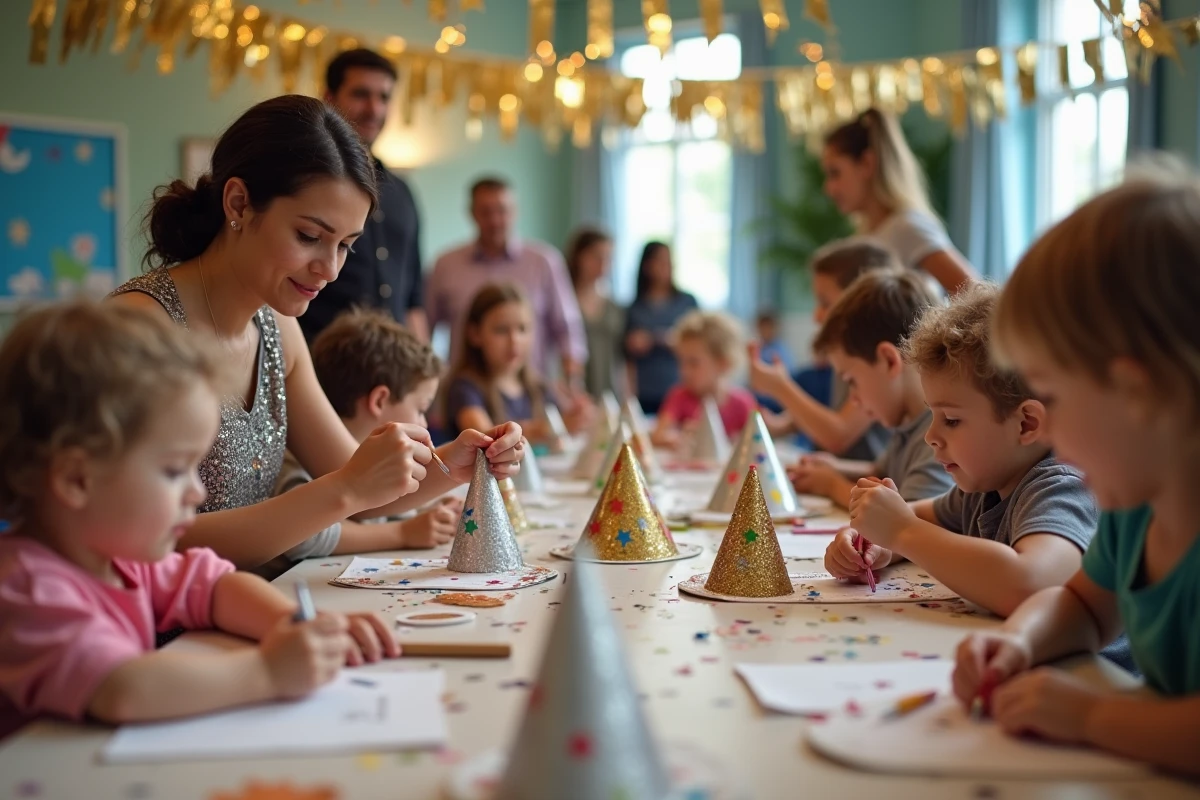 Enfants faisant des activités manuelles pour le réveillon du nouvel an dans un lieu familial kids-friendly avec animatrice festive