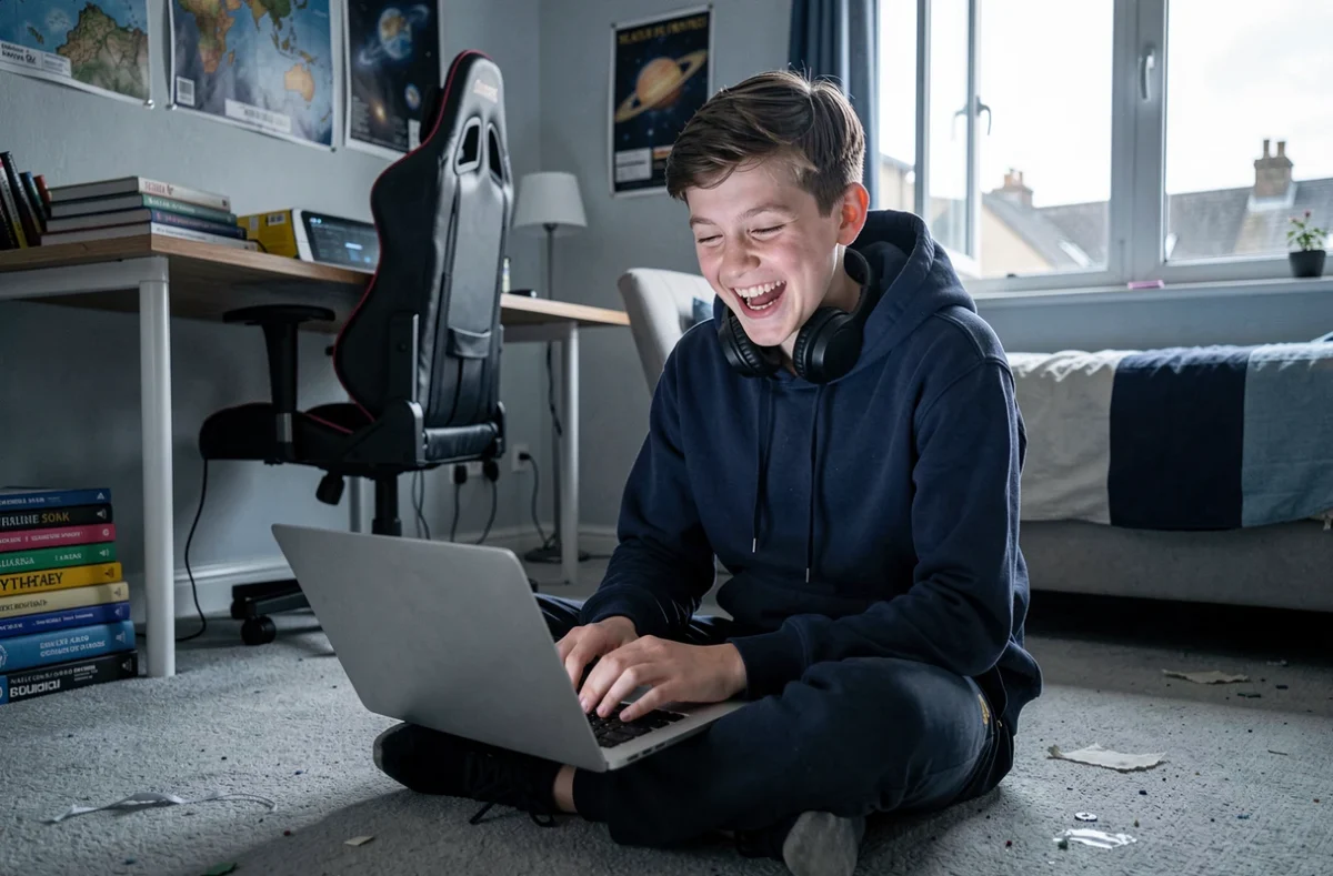 Adolescent riant devant son ordinateur portable regardant du contenu viral brainrot dans sa chambre