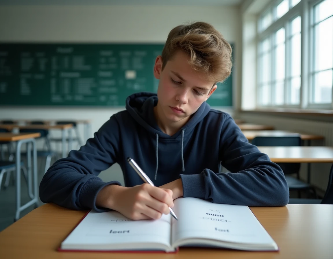 Adolescent hésitant devant un exercice d'orthographe dans une salle de classe avec tableau de conjugaison
