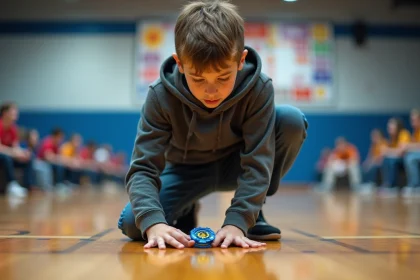 Adolescent concentré ajustant son Beyblade avant un tournoi dans un gymnase