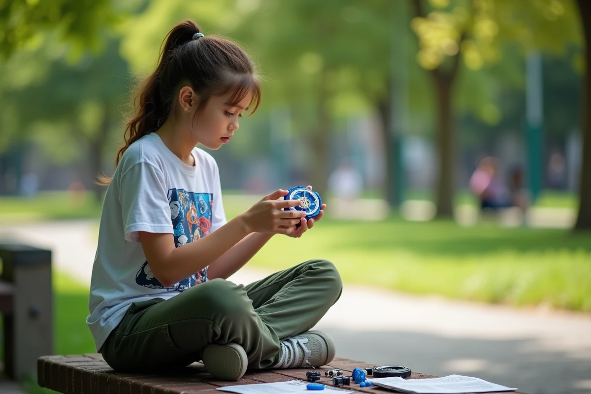 Adolescente analysant les pièces démontées de son Beyblade assis sur un banc dans un parc