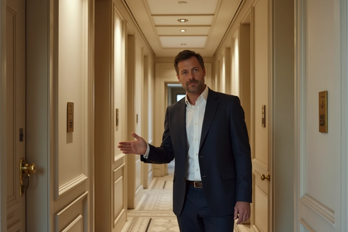 Agent immobilier présentant deux appartements T1 et T2 dans le couloir d'un immeuble résidentiel parisien
