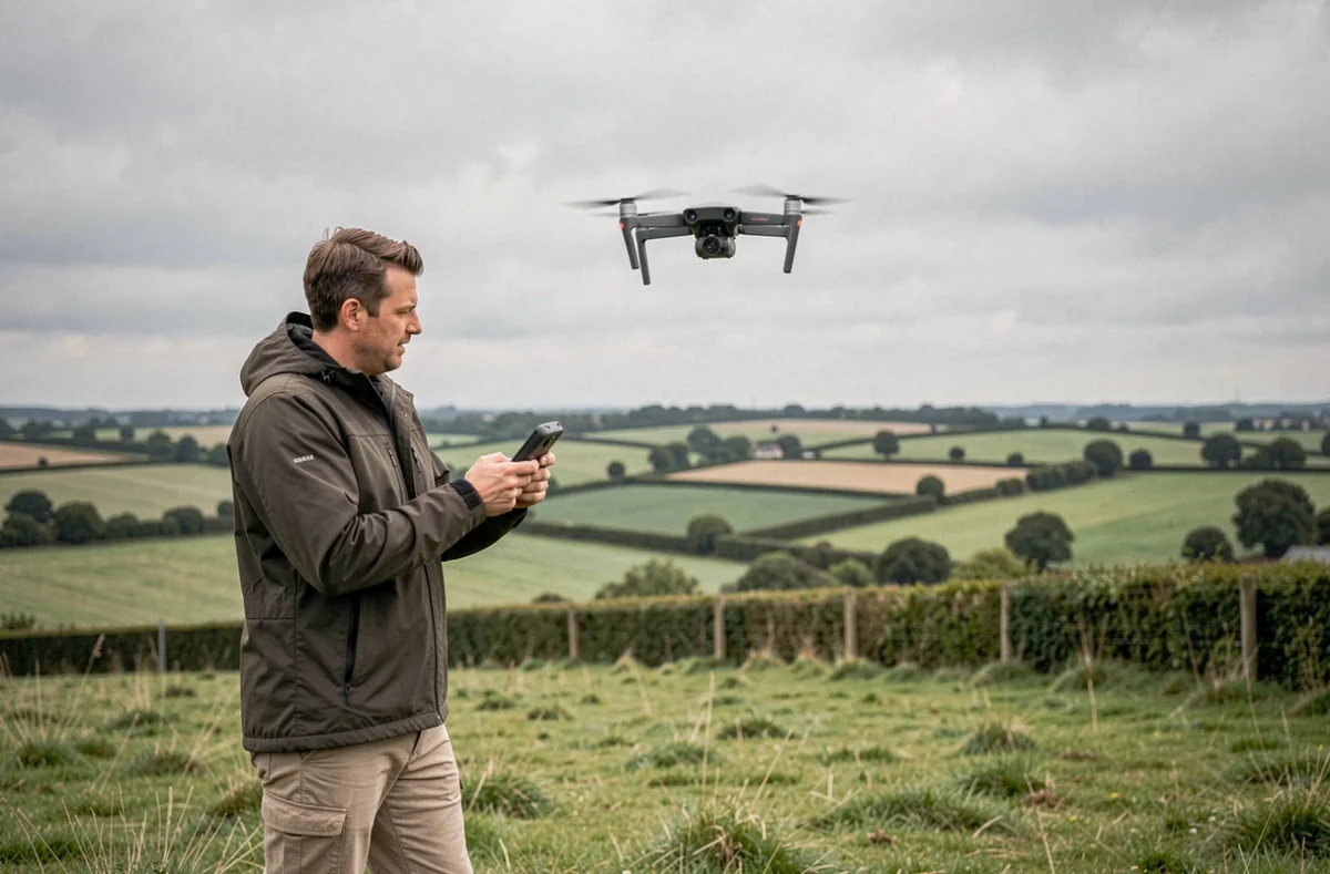 Air Val, vidéaste spécialisé en drone, lançant son appareil au-dessus d'un paysage de campagne normande en Seine-Maritime