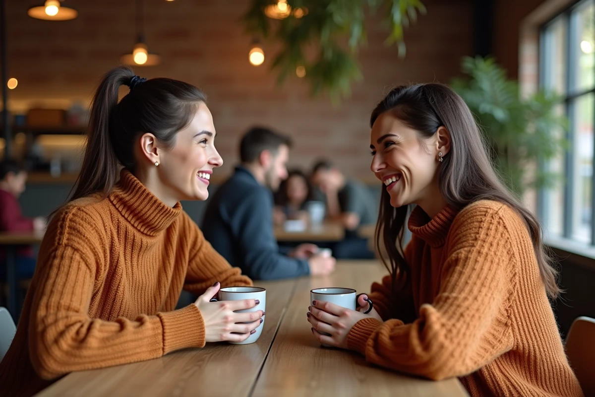Deux femmes partageant une conversation profonde dans un café, illustrant le lien des âmes sœurs et l'amour inconditionnel lié au 2222