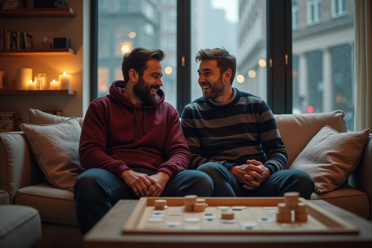 Deux amis jouant à un jeu de société et riant ensemble un jour de pluie, activité conviviale pour remonter le moral