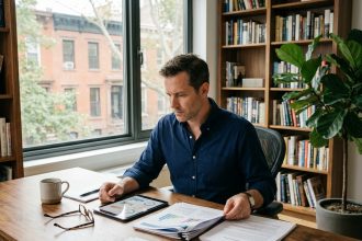 Un investisseur immobilier analyse les frais de gestion d'une SCPI sur des documents financiers à son bureau à domicile