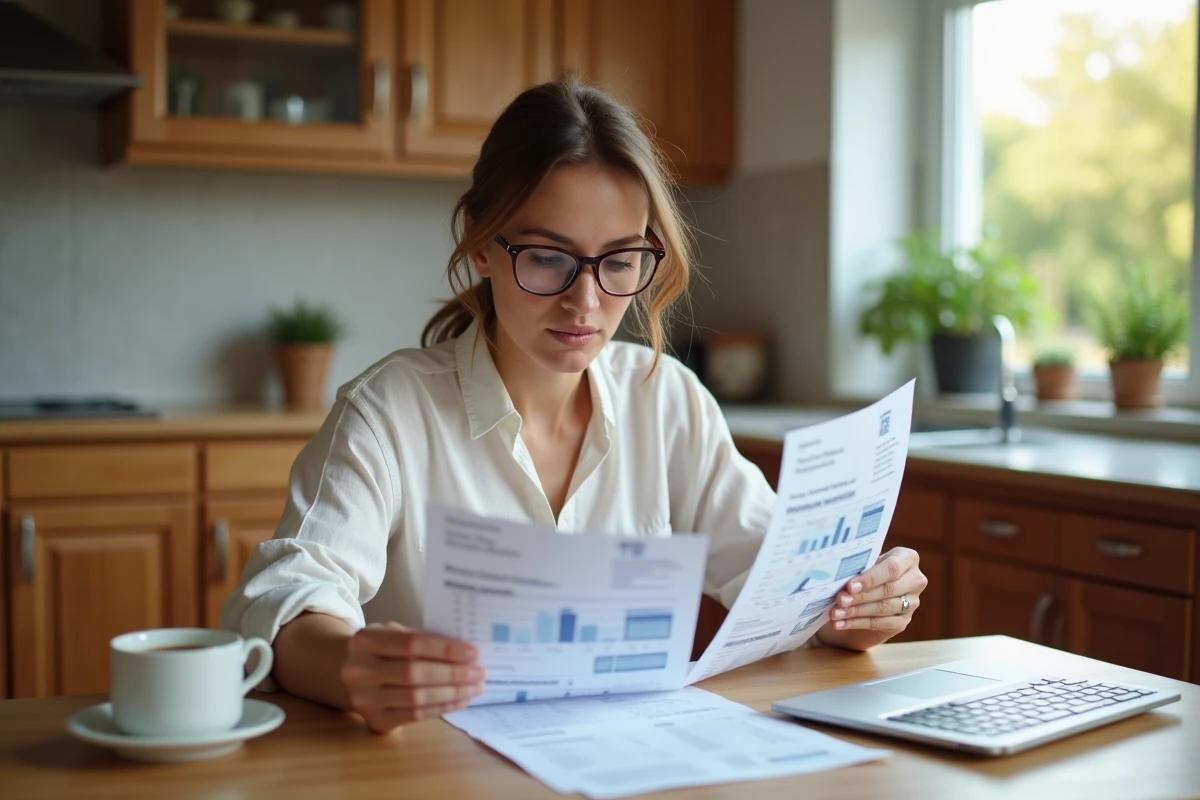 Femme analysant la rentabilité de ses panneaux solaires avec des factures et un calculateur d'économies