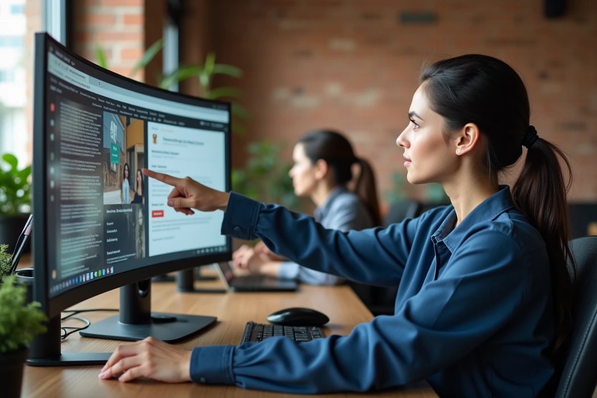 Femme en espace de coworking analysant les certificats de sécurité et publicités d'un site web suspect