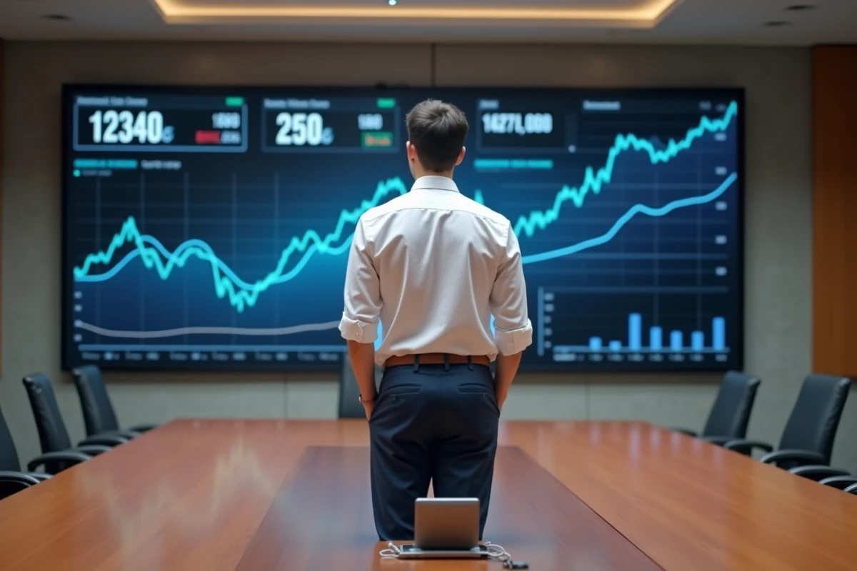 Analyste financier devant un écran de données économiques mondiales en salle de conférence