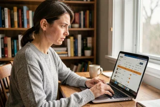 Femme consultant son historique de commandes Amazon sur un ordinateur portable depuis un bureau à domicile