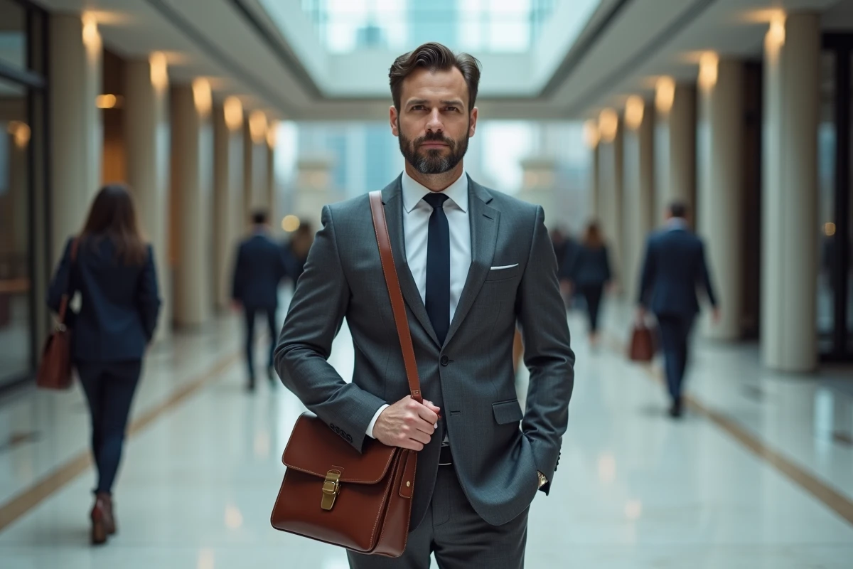 Un asset manager expérimenté en costume dans le hall d'un immeuble de bureaux du quartier financier