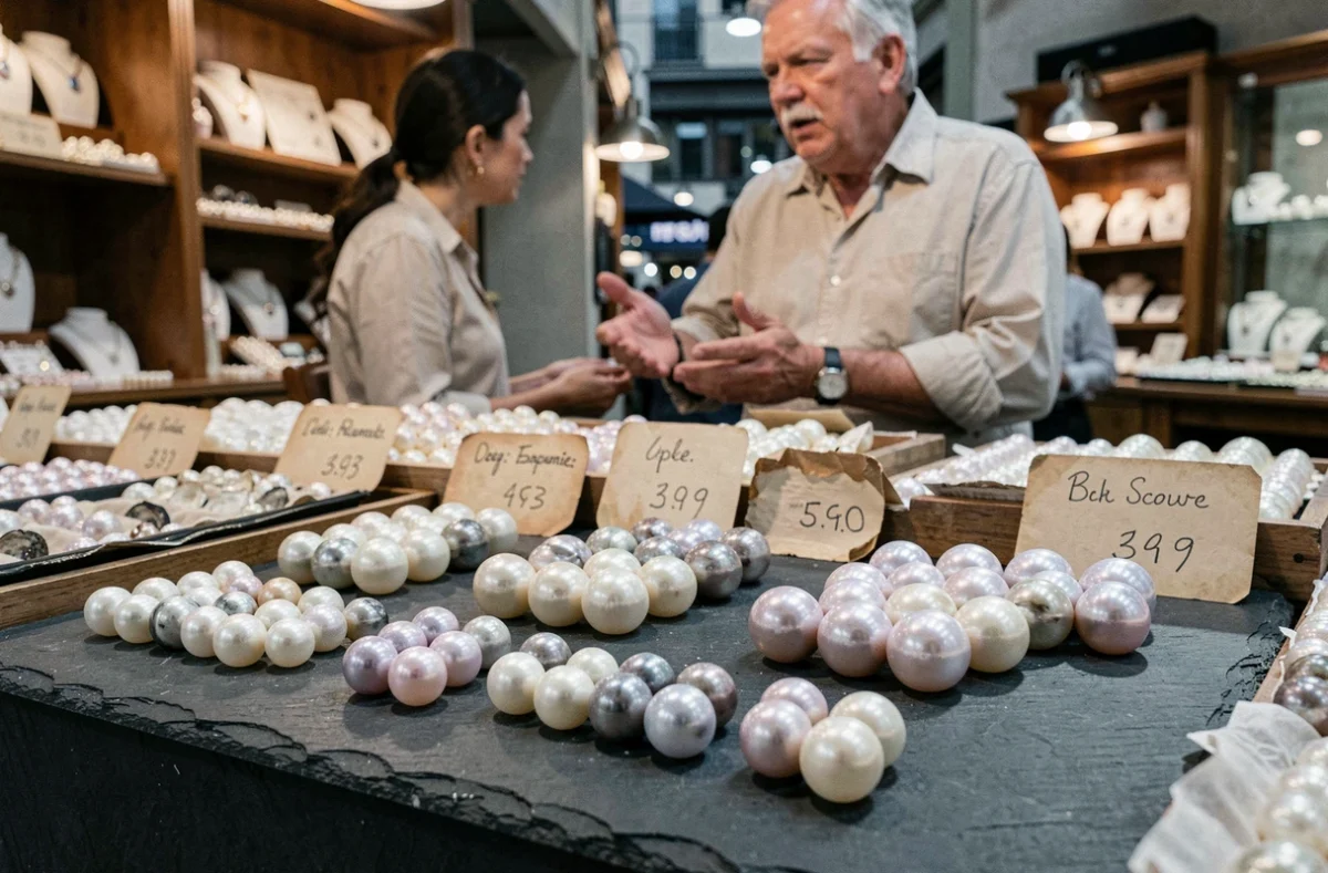 Assortiment de perles d'huîtres de différentes tailles et couleurs présentées sur une ardoise dans un marché artisanal