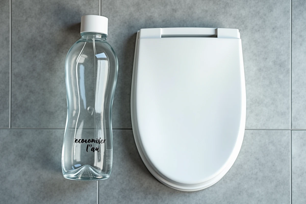Vue aérienne du couvercle de réservoir de toilettes et d'une bouteille d'eau pour illustrer l'astuce d'économie d'eau