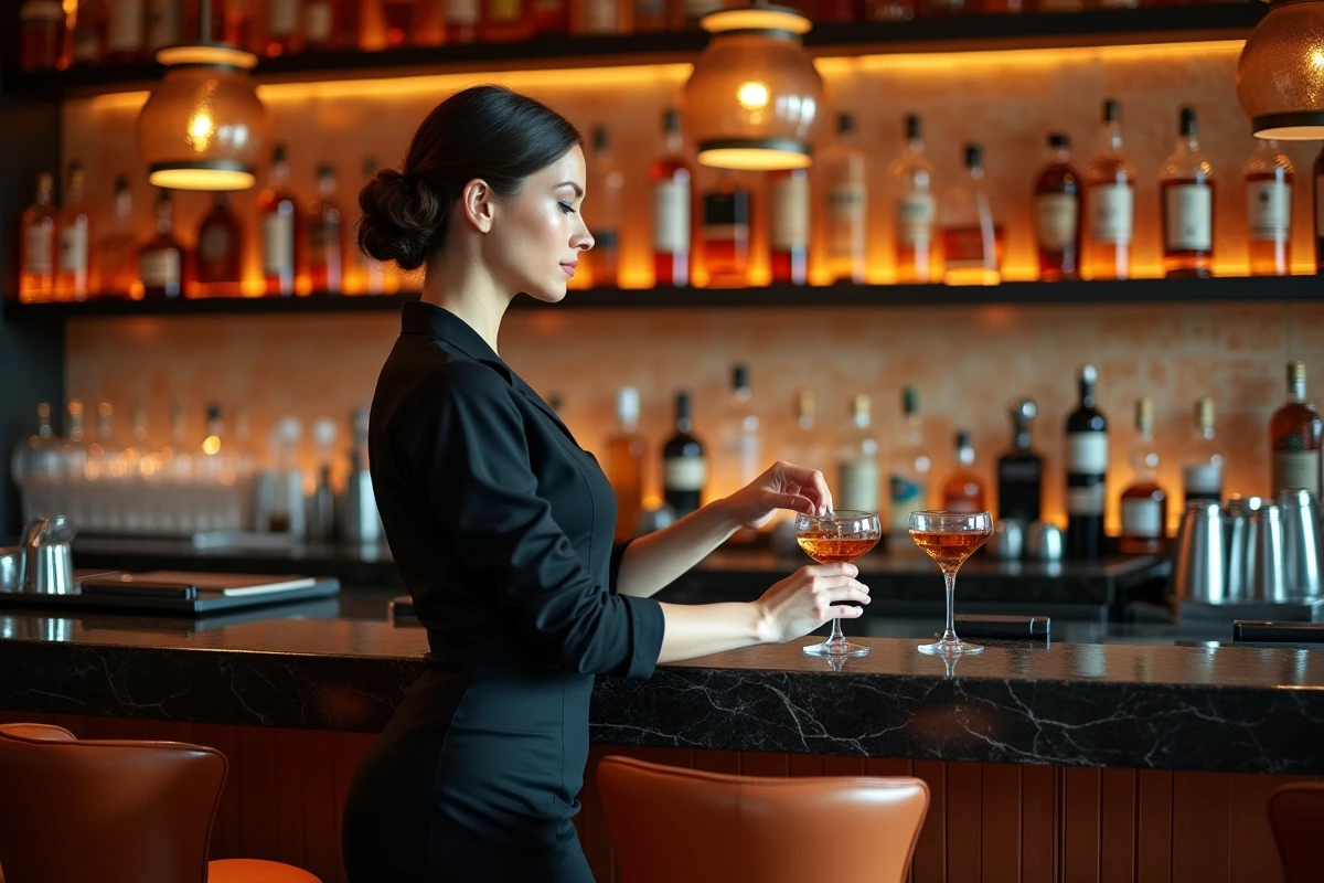 Barmaid préparant un cocktail au bar d'une discothèque branchée à Perpignan