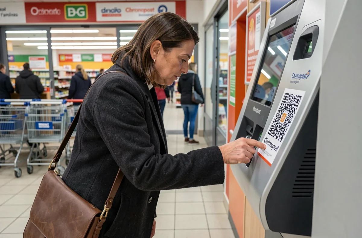 Femme déposant un colis Chronopost à une borne de dépôt automatique à l'entrée d'un supermarché
