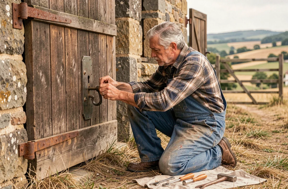 Jean Paul Bugeaud, serrurier expérimenté, intervenant sur une vieille serrure à mortaise d'une porte de grange en pierre dans la campagne creusoise