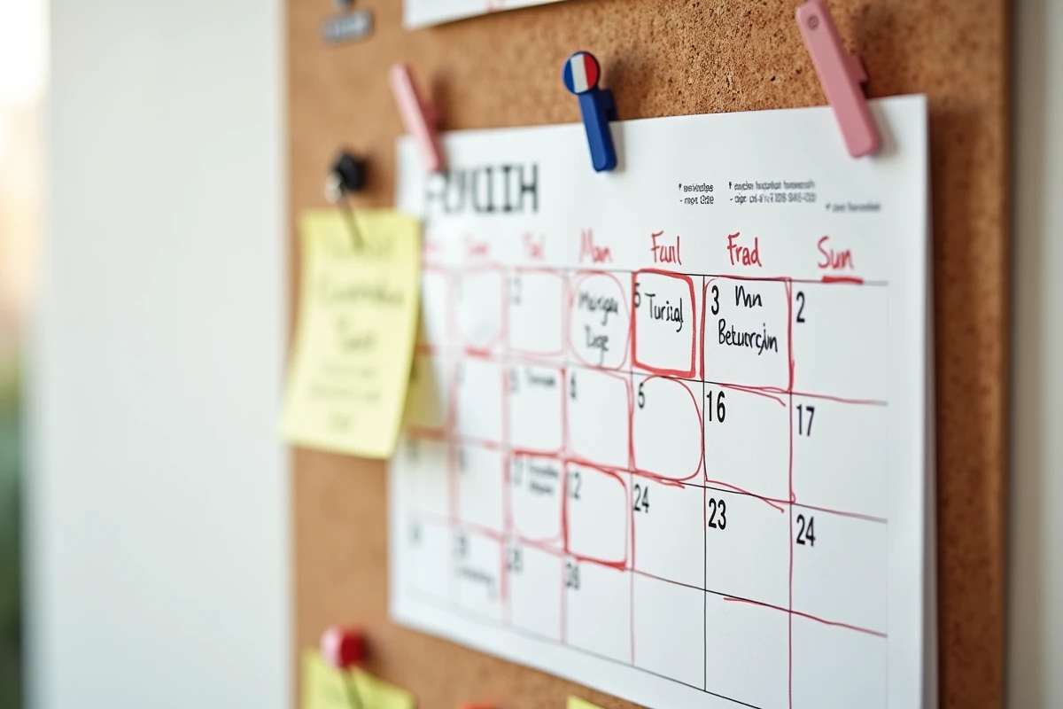 Calendrier français avec les jours fériés 2026 entourés en rouge sur un tableau de liège