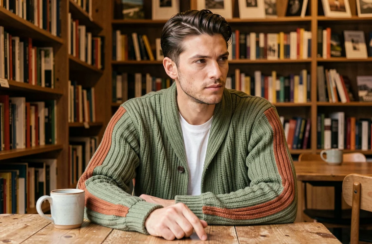 Homme en cardigan en maille côtelée vert sauge et rouille superposé dans un café librairie cosy pour la mi-saison