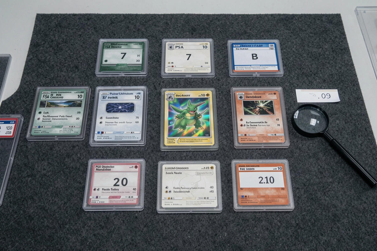 Plusieurs boîtiers PSA gradés de cartes Pokémon Celebi étoile disposés en flat lay pour comparer les cotes de revente