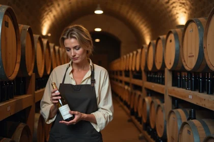 Femme examinant une bouteille de Riesling dans une cave viticole alsacienne avec tonneaux en chêne et murs en pierre