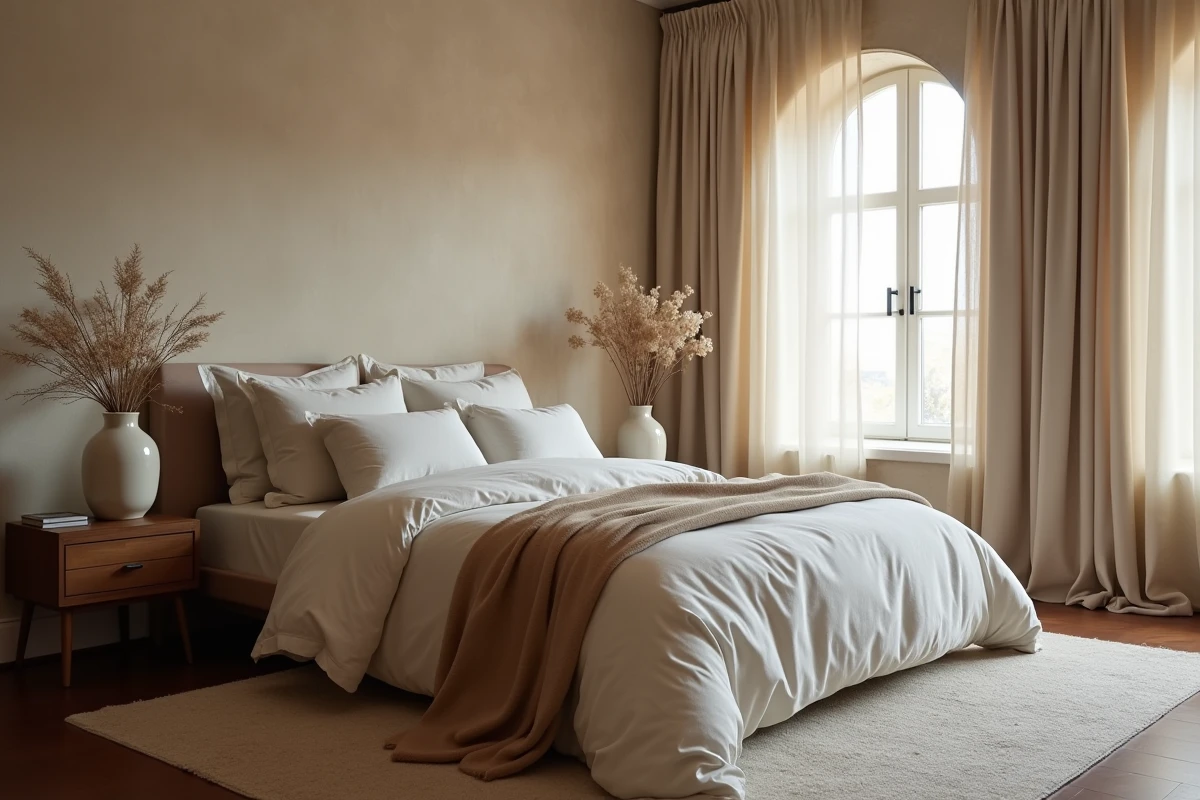 Chambre d'hôtel de luxe avec linge de lit en lin stone-wash aux tons neutres, fleurs séchées et mobilier en noyer pour un luxe apaisant