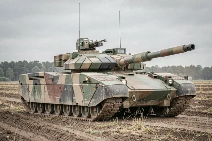 Char Leclerc de l'armée française en position sur un terrain d'entraînement, vue en angle 3/4 avant révélant le blindage composite et le canon de 120mm