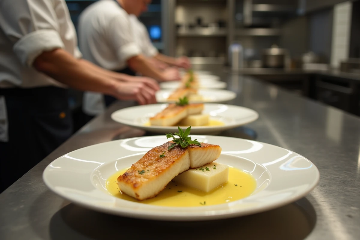 Chef cuisinier préparant les plats principaux au pass d'un restaurant gastronomique, avec un menu en français indiquant la succession entrée plat dessert