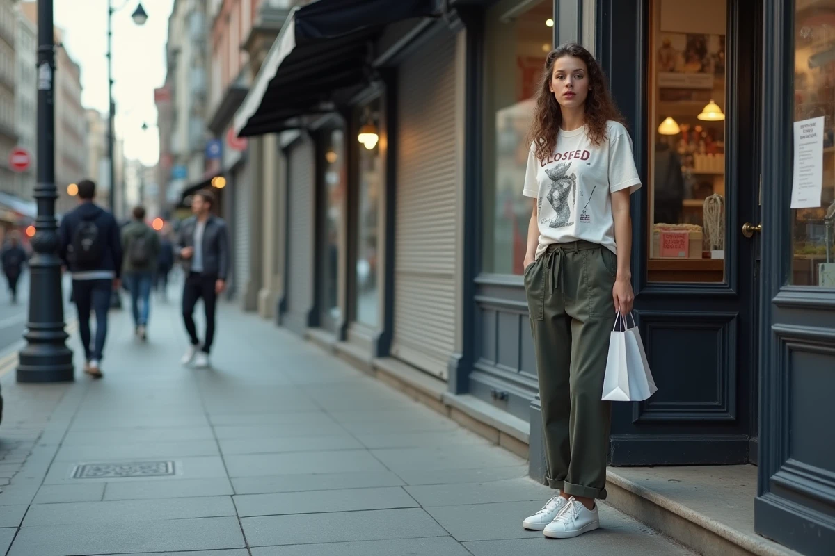 Jeune femme lisant un avis de fermeture affiché sur la vitrine d'un magasin Bershka fermé dans une rue commerçante urbaine