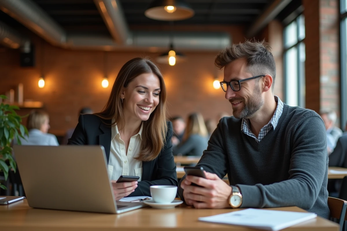 Deux professionnels collaborant sur des applications fintech dans un espace de coworking urbain