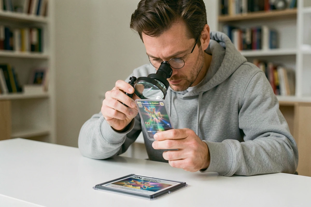 Collectionneur examinant une carte Pokémon Celebi étoile avec une loupe à côté d'un boîtier PSA gradé