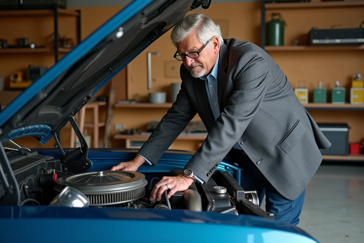 Collectionneur expérimenté inspectant le moteur d'un muscle car américain classique des années 1970 dans un garage privé organisé