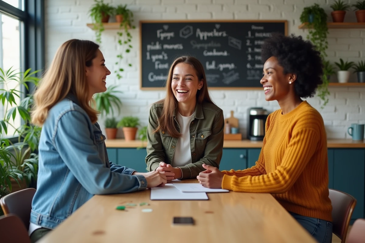 Collègues de travail partageant un moment de convivialité dans une salle de pause moderne, favorisant le bien-être au travail