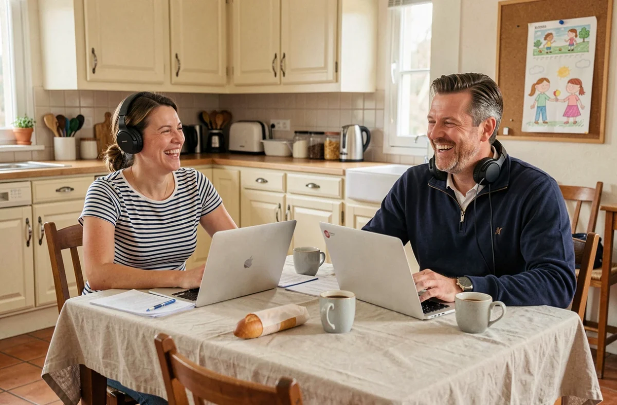 Deux collègues en télétravail partageant un espace de travail improvisé dans une cuisine familiale française