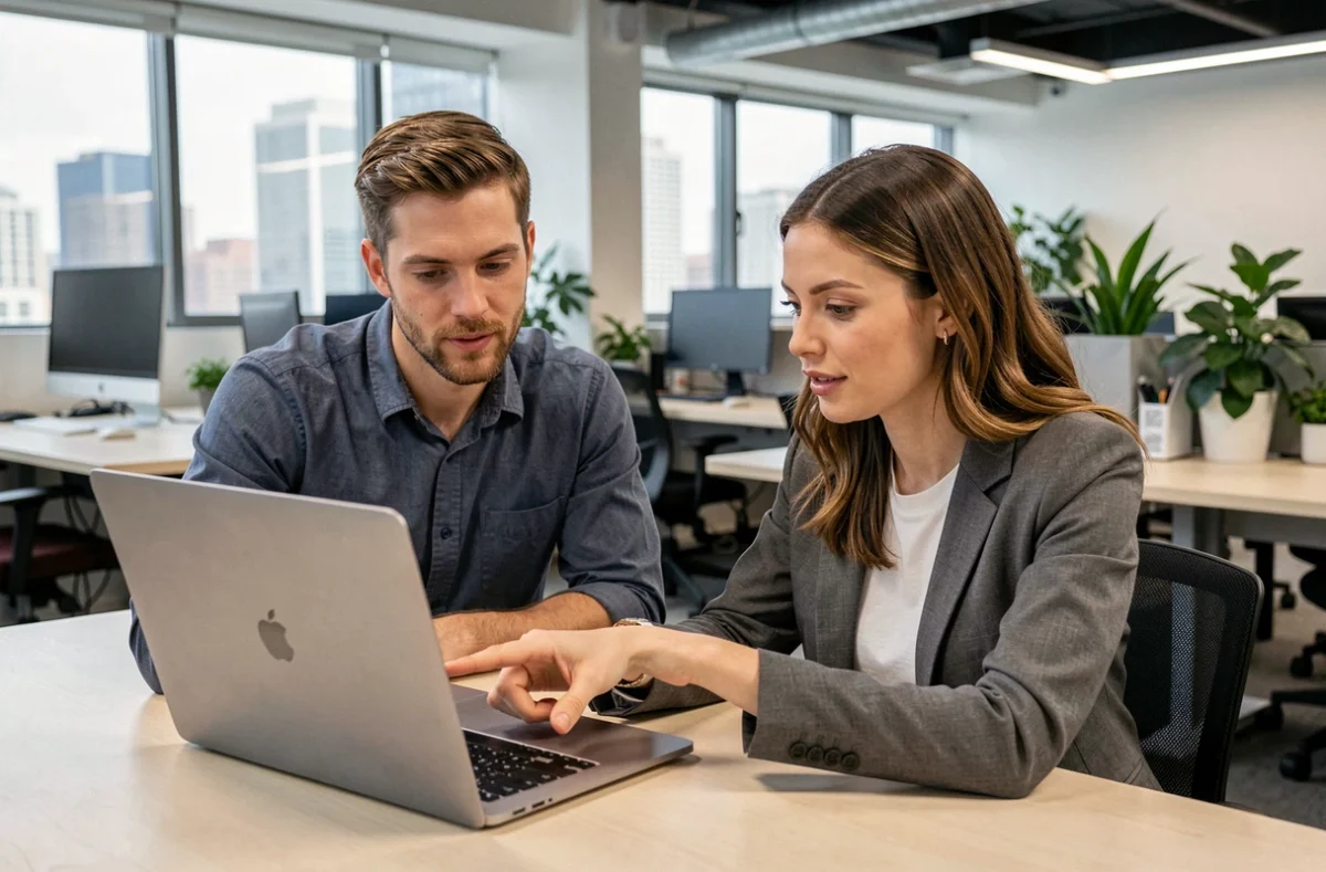 Deux collègues dans un espace de coworking analysant ensemble un site web pour vérifier sa fiabilité