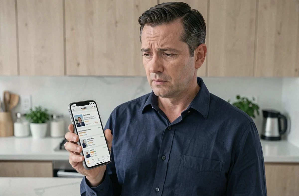 Homme vérifiant les commandes archivées sur l'application Amazon depuis un smartphone dans une cuisine moderne