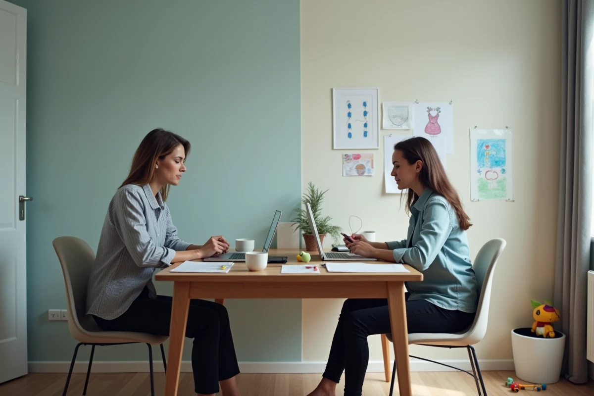 Comparaison visuelle entre une femme seule travaillant dans un bureau calme et une mère isolée jonglant entre travail et responsabilités parentales, illustrant la différence entre personne seule et parent isolé