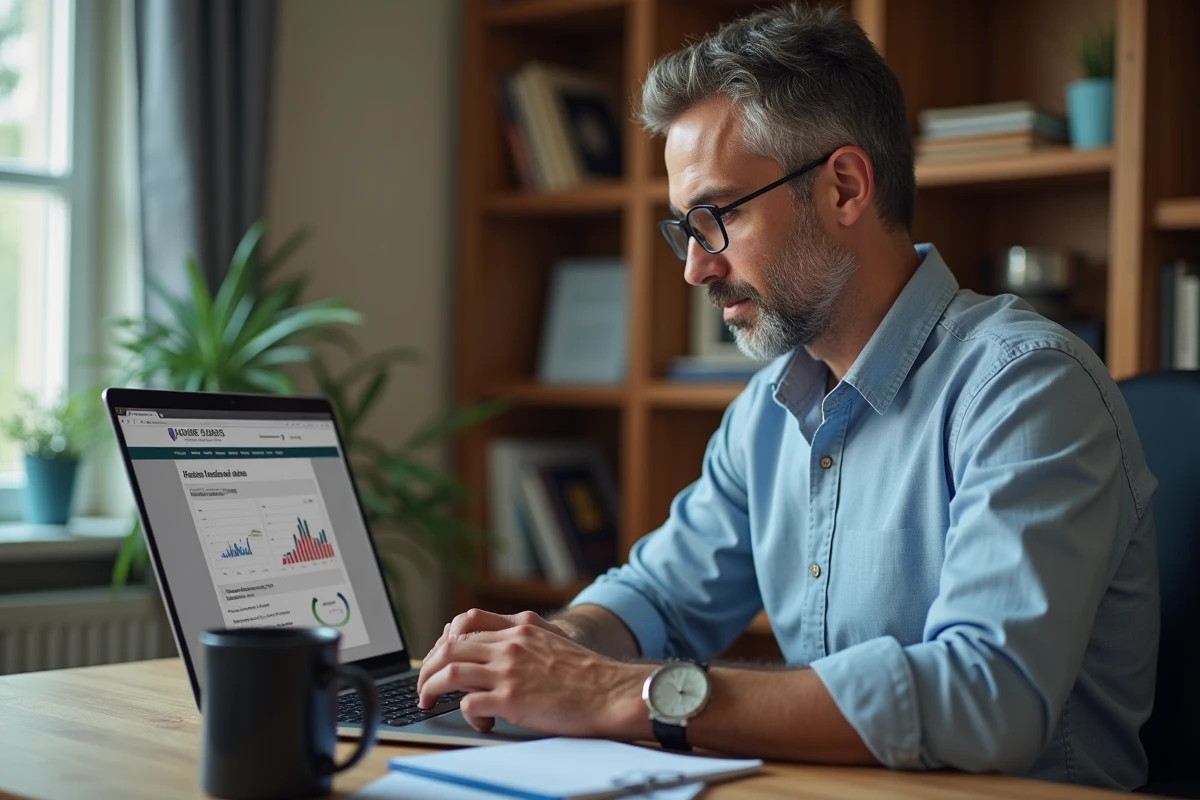 Homme comparant les taux d'intérêt hypothécaires actuels sur son ordinateur portable à domicile