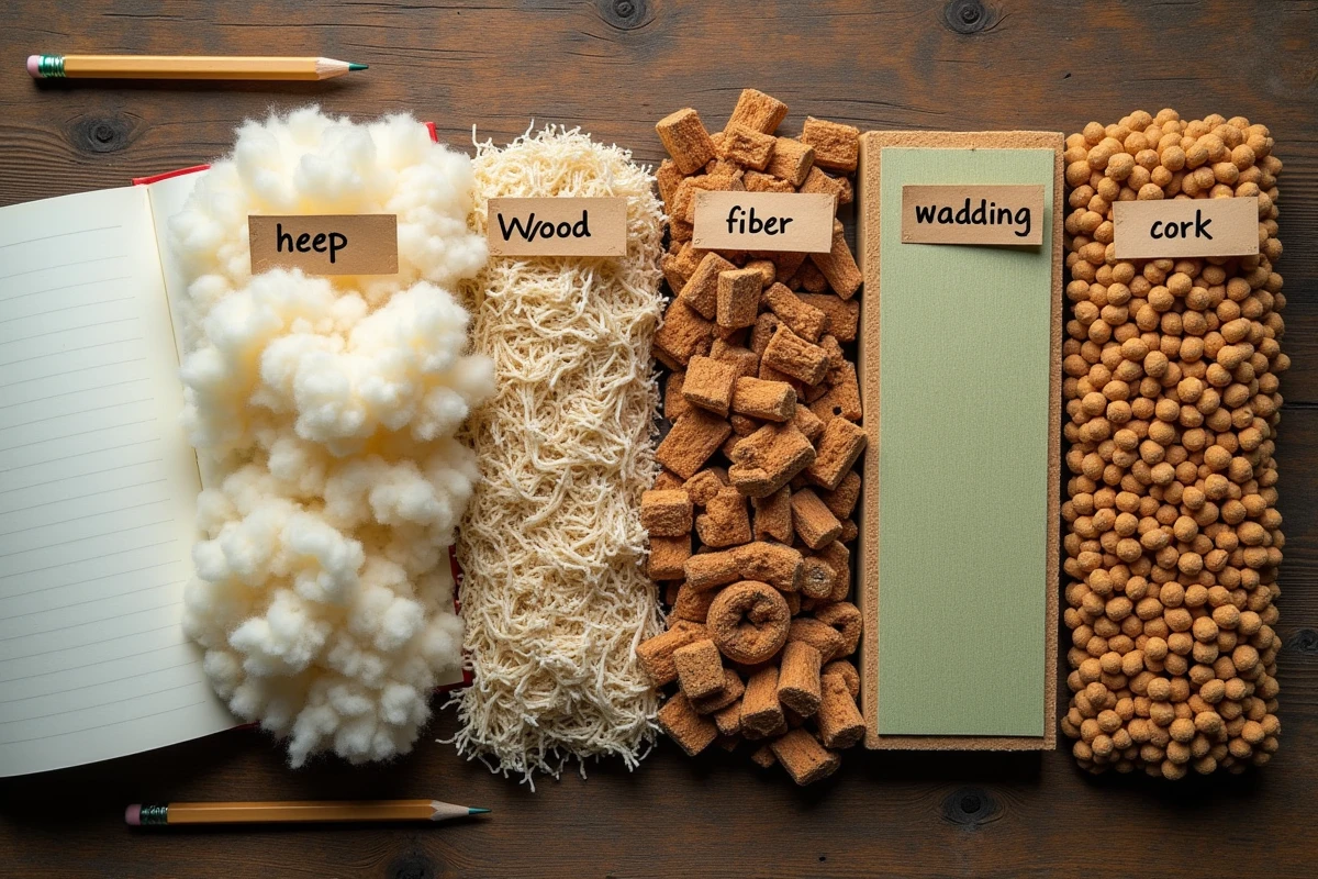 Cinq échantillons d'isolants naturels comparés côte à côte sur une table d'atelier en bois