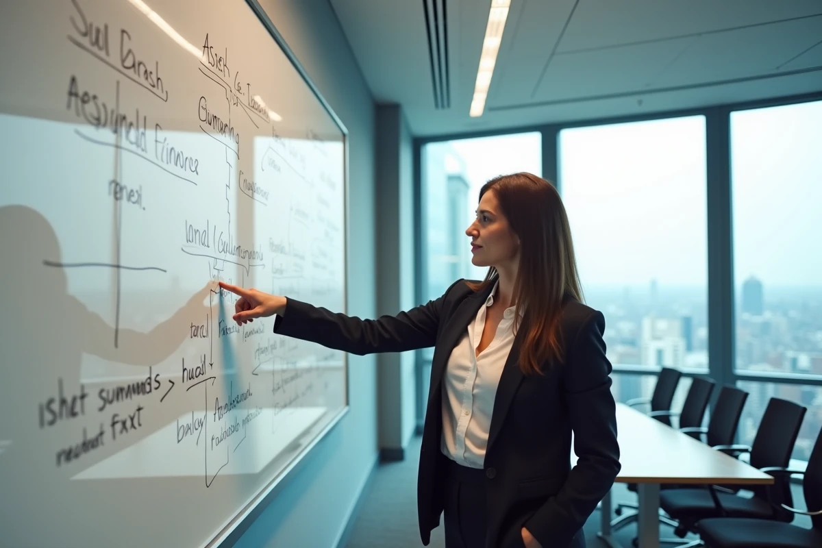 Comptable présentant un diagramme de classification des actifs au tableau blanc dans une salle de réunion professionnelle