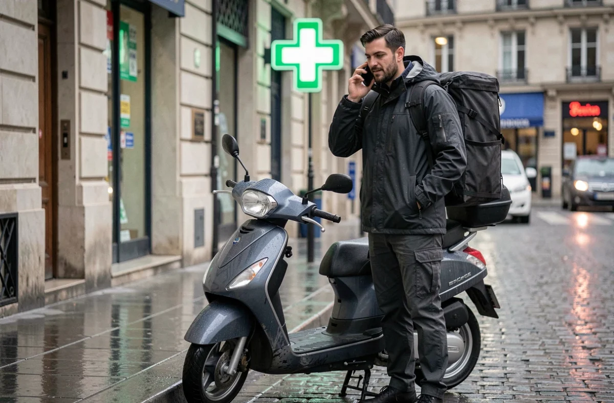 Conducteur livreur Uber Eats appelant le service client depuis son scooter sous la pluie à Paris