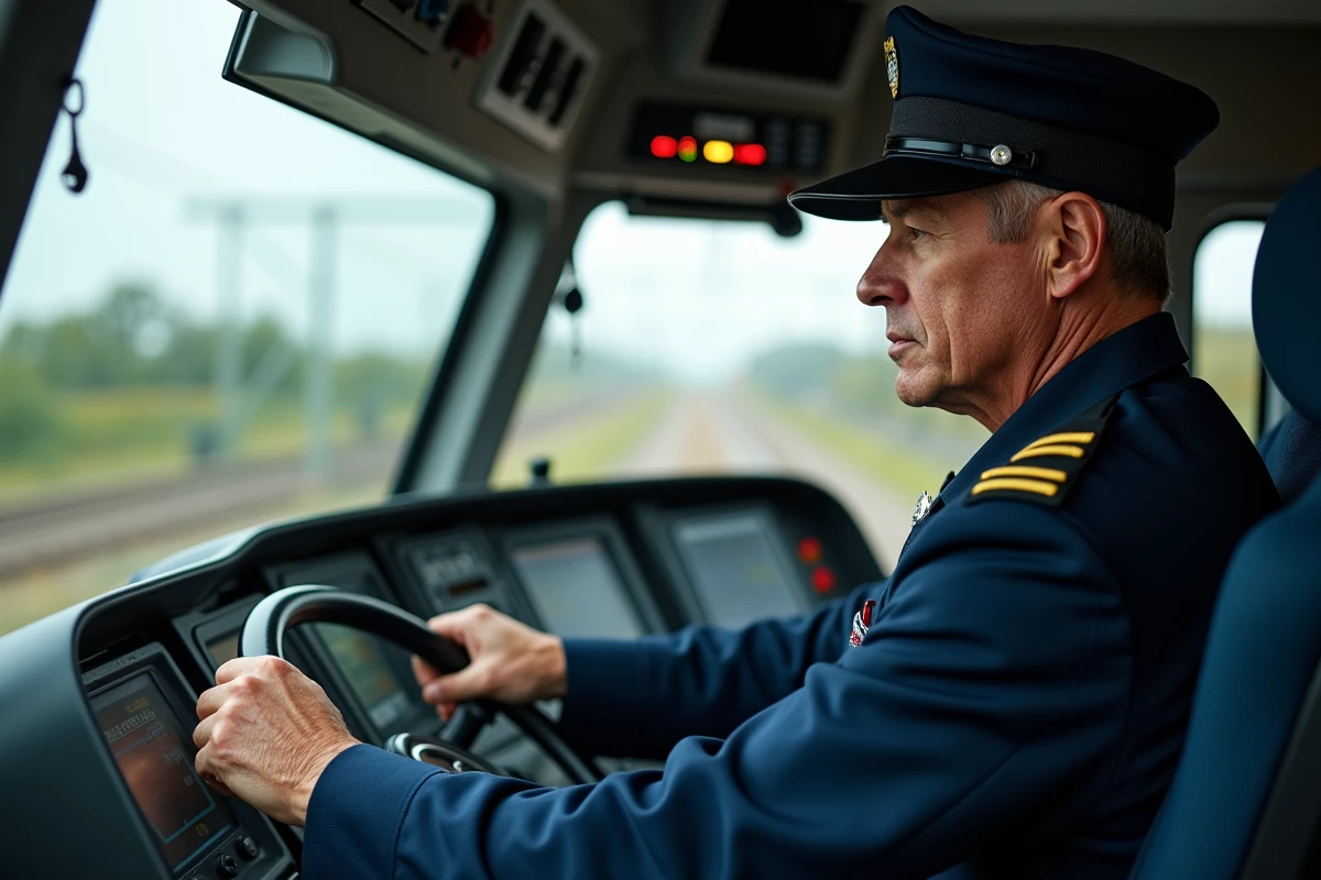 Conducteur de train à grande vitesse concentré aux commandes dans la cabine de pilotage d'un TGV moderne