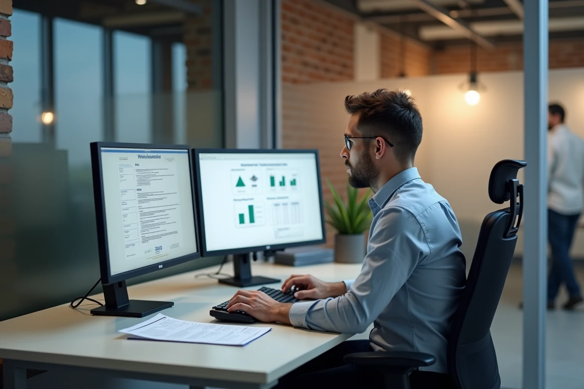 Consultant qualité travaillant sur des documents ISO 9001 sur ordinateur dans un bureau à Lyon
