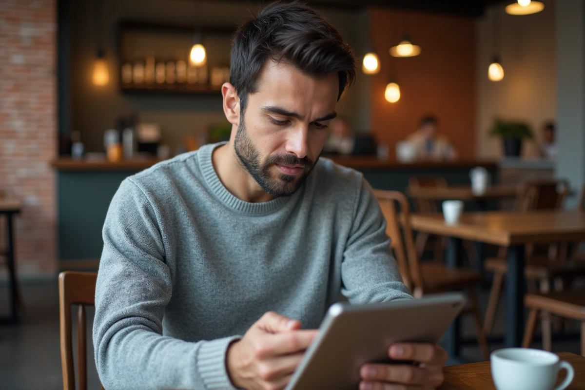 Homme consultant les détails des prix d'Enki sur une tablette dans un café urbain