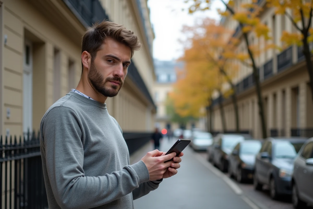 Homme consultant une application de prix immobilier au m2 devant un immeuble haussmannien dans un quartier résidentiel