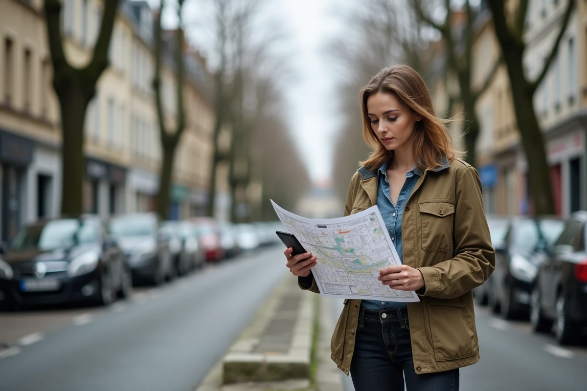 Femme consultant un extrait cadastral et un portail de zonage en ligne sur le terrain en zone périurbaine